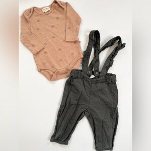Rabbit & Bear Tan Onesie and H&M Charcoal Suspender Pants Set